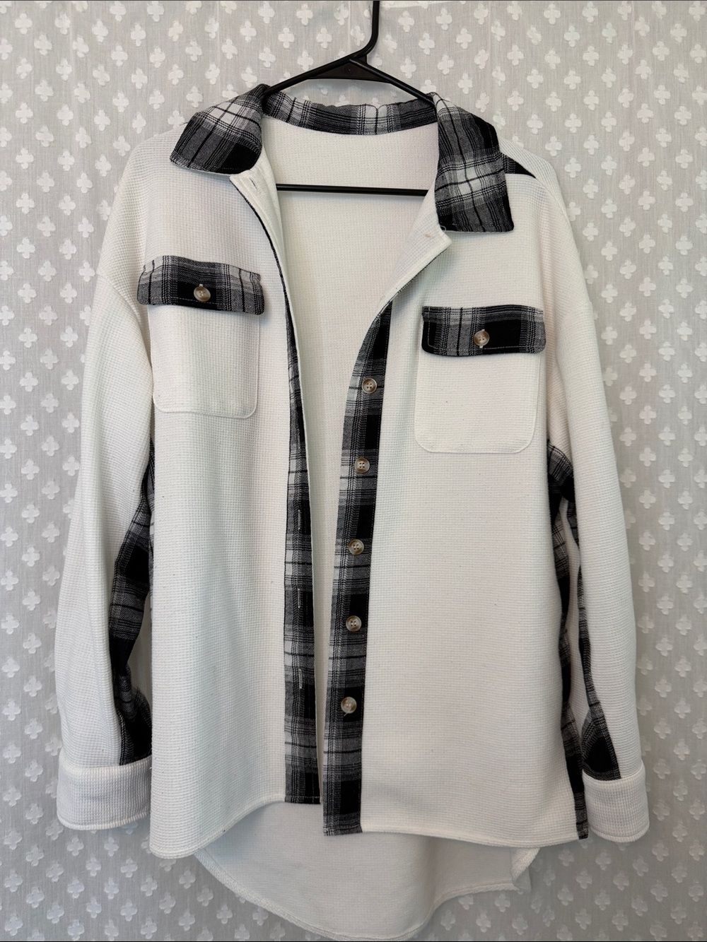 2 for $10 - Women’s Oversized White Flannel/Overshirt with Black Plaid Trim